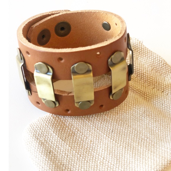 Genuine Leather & Brass Cuff Bracelet 9.5” x 2” - Picture 4 of 4